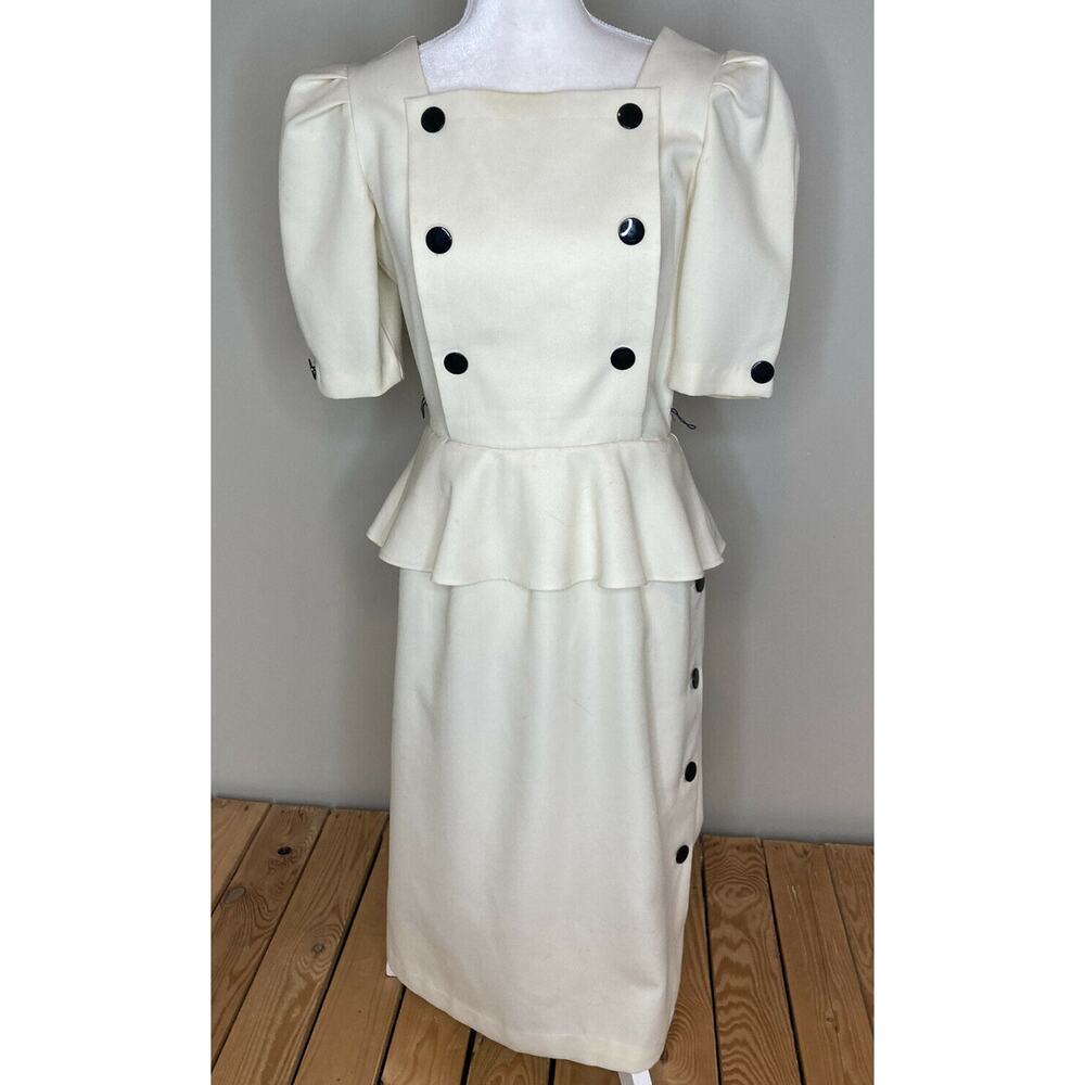 Vintage David Robin Puff Sleeve Peplum Midi Dress Size Medium Cream